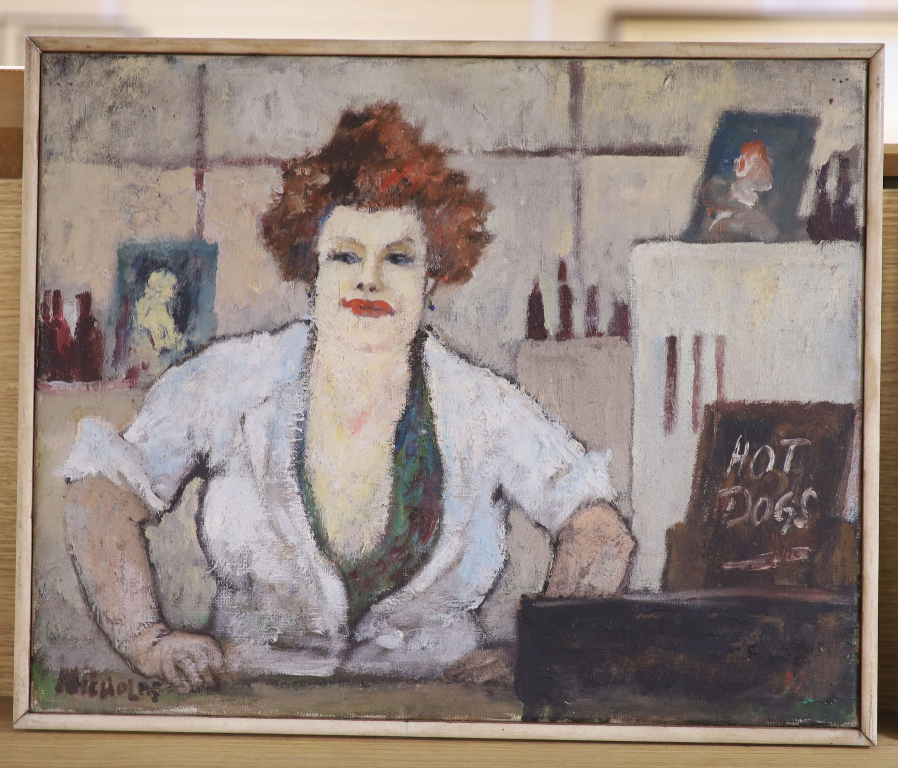 J.Nicholas, oil on canvas, Hot dogs on the pier, signed, circa 1950-1960, 41 x 50cm.